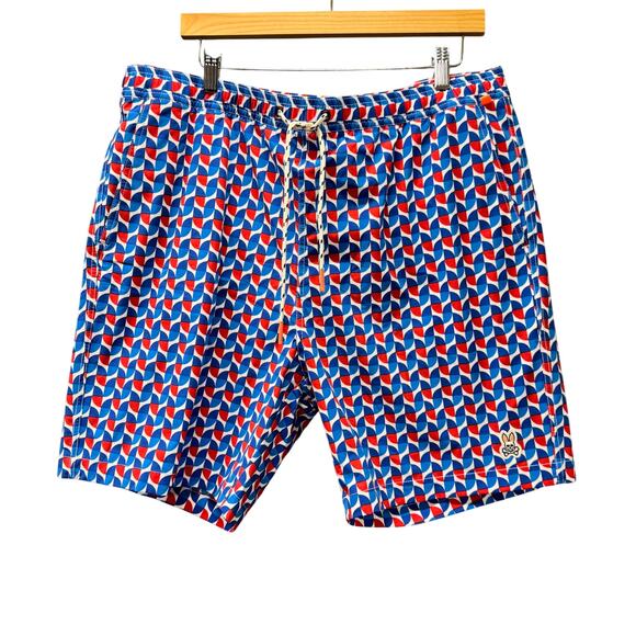 Psycho Bunny Swim Trunks Mens XXL Blue Red Mesh Lined Beach Coastal + Pockets - Picture 1 of 12